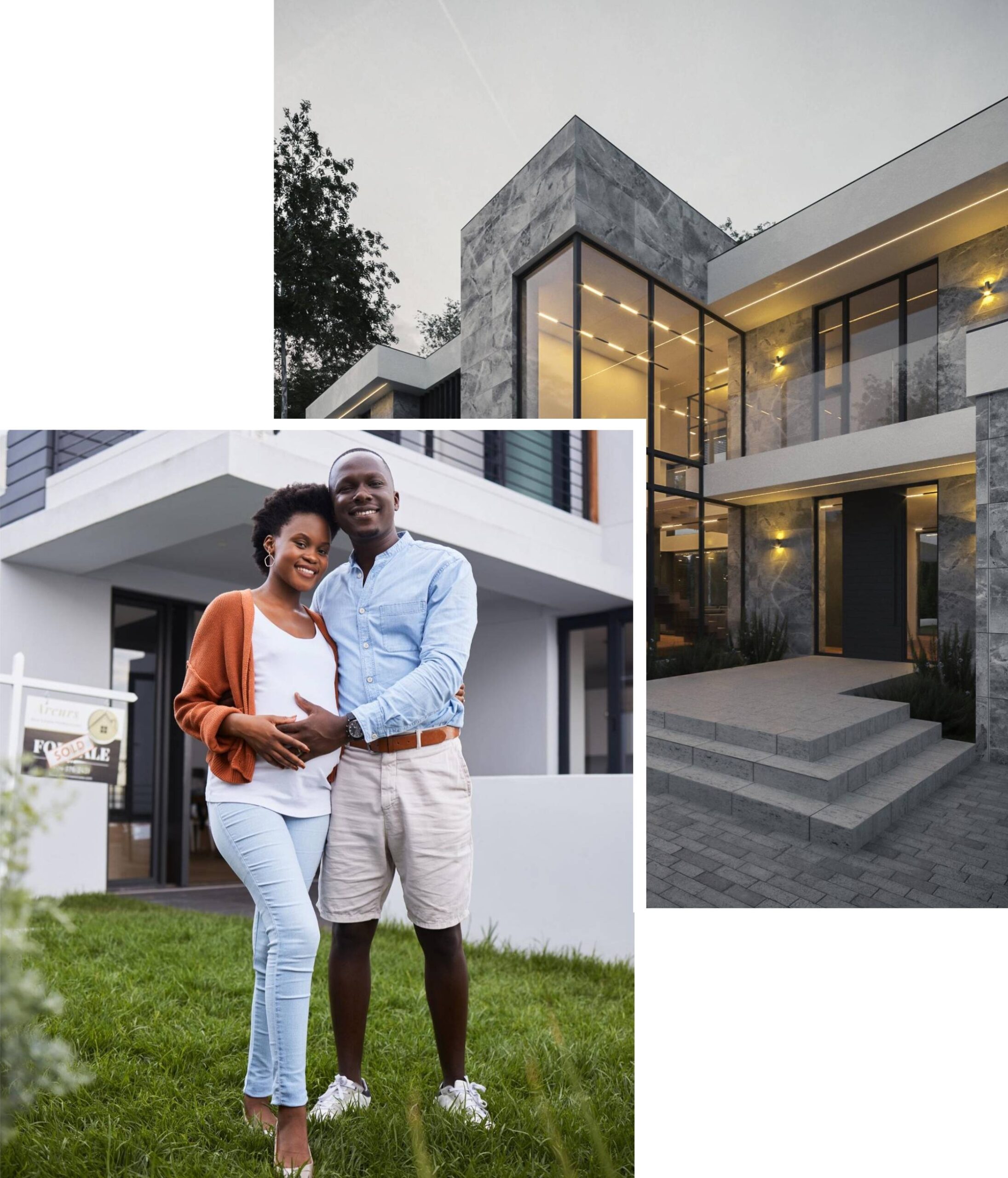 A couple posing in front of a sleek modern home, showcasing its contemporary design and stylish architecture.